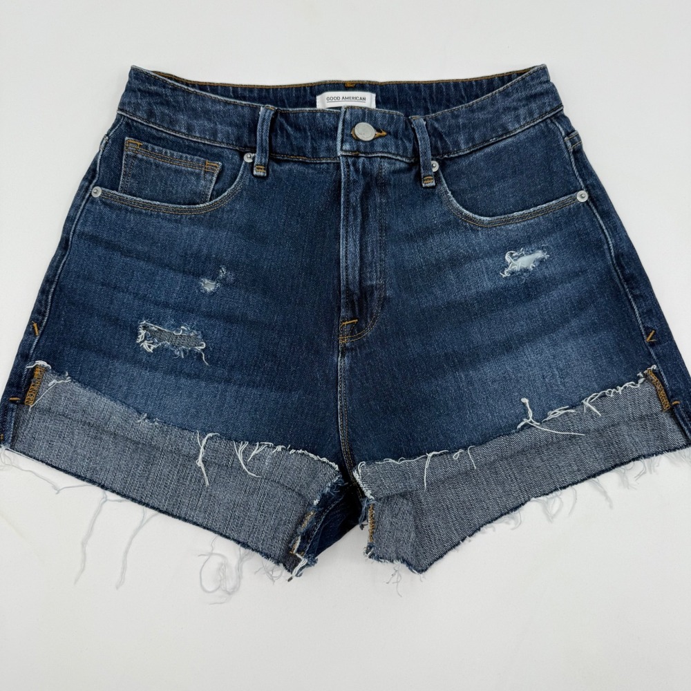 Good American Denim Shorts Distressed Frayed Hem Dark‎ Wash Size 8/29